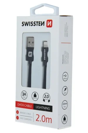 Câble Swissten textile USB / Lightning 2m - Noir Nouvelle Collection