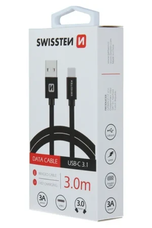 Câble textile USB/USB-C 3m Noir Top Vente