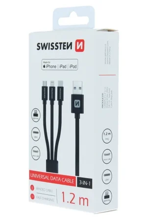 Câble Textile 3-en-1 USB/Lightning MFi 1.2m Noir Meilleur Choix