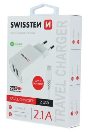 Chargeur 2 ports USB 2,1A + Cable Lightning Swissten Blanc Nouvel Arrivage