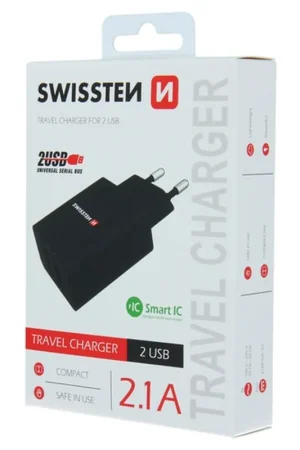Chargeur 2 ports USB 2,1A Swissten Noir Livraison Gratuite