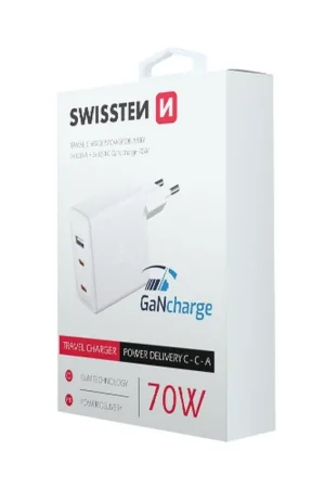 Chargeur 2 ports USB-C + 1 port USB GaN 70W Blanc Expédition Rapide
