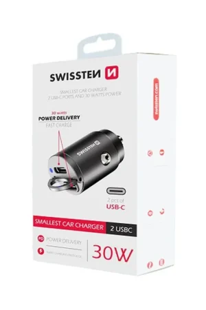 Prix Réduit Chargeur allume cigare 2 ports 30W Swissten Noir
