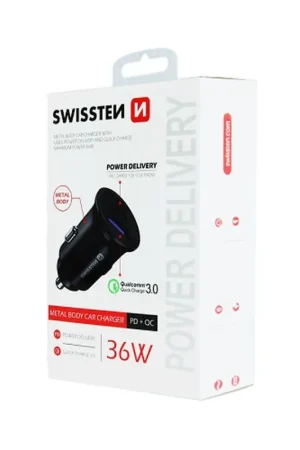 Prix Réduit Chargeur allume cigare 2 ports USB-C / USB Swissten Noir