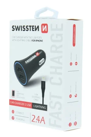 Chargeur Allume-Cigare 2 Ports USB 2.4A + Câble Lightning Noir Bon Marché