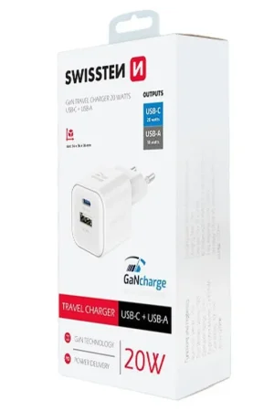 Chargeur Swissten GaN 20W USB-C & 18W USB-A Blanc Marque