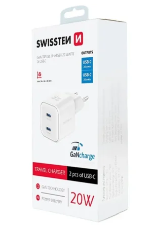 Chargeur Swissten GaN 2x USB-C 20W Blanc Petit Prix