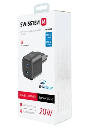 Usine Directe Chargeur Swissten GaN 2x USB-C 20W Noir
