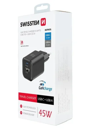 Chargeur Swissten GaN 45W Noir Quantité Limitée