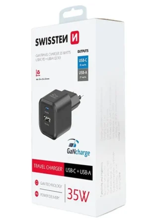 Chargeur Swissten GaN USB-C USB-A 35W/27W Noir Vente Directe