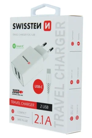 Chargeur USB 2 ports 2,1A avec câble USB-C Blanc Vente Directe