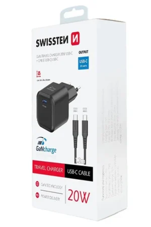 Chargeur USB-C 20W GaN avec câble 1,2M - Noir Nouveauté