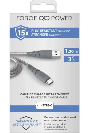 Achat Immédiat Câble Ultra-renforcé USB A/USB C 1,2m 3A Garanti à vie Gris - 100% Plastique recyclé Force Power
