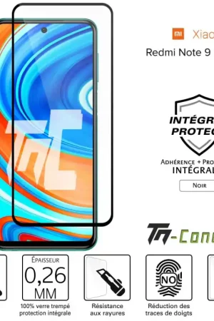 Xiaomi Redmi Note 9 Pro Max - Verre trempé intégral Protect Noir - adhérence 100% nano-silicone - TM-Concept® Authentique