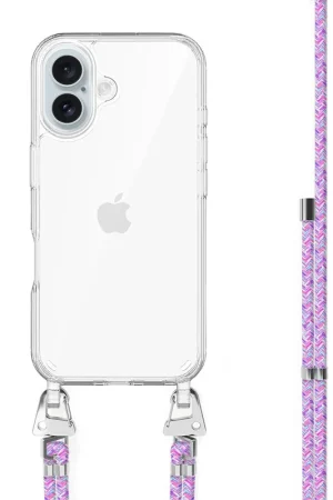 Promotion xoxo Wildhearts Coque transparente avec cordon court iPhone 16 Plus - violet