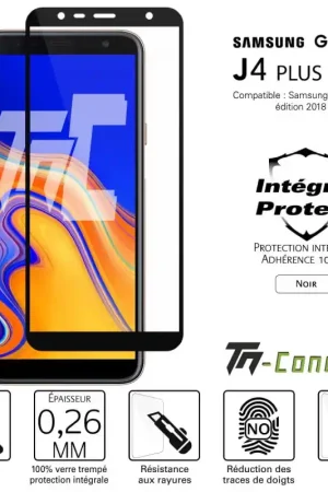 Samsung Galaxy J4+ (2018) - Verre trempé intégral Protect Noir - adhérence 100% nano-silicone - TM-Concept® Promotion Saisonnière