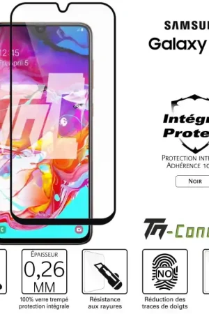 Authentique Samsung Galaxy A70 - Verre trempé intégral Protect Noir - adhérence 100% nano-silicone - TM-Concept®
