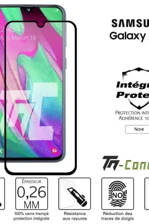 Dernier Modèle Samsung Galaxy A40 - Verre trempé intégral Protect Noir - adhérence 100% nano-silicone - TM-Concept®