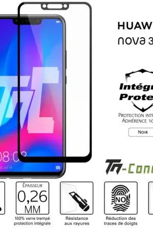 Huawei Nova 3 - Verre trempé intégral Protect Noir - adhérence 100% nano-silicone - TM-Concept® Acheter Direct