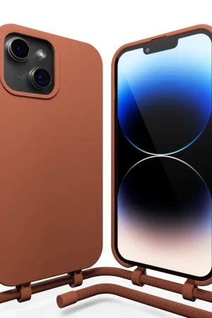 Coverzs Coque en silicone avec cordon iPhone 14 (marron) Commander Vite