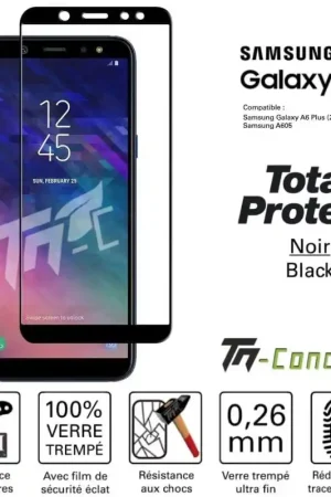 Samsung Galaxy A6 Plus (2018) - Vitre protection intégrale - verre trempé avec cadre Noir - TM-Concept® Produit De Marque