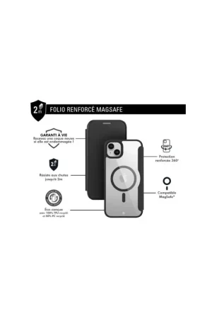 Super Prix Etui iPhone 15 Plus Folio Renforcé Compatible MagSafe Noir - Garantie à vie Force Case
