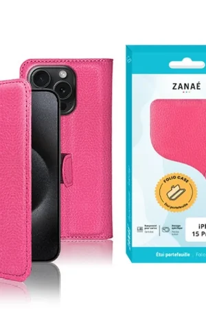 Authentique Etui Portefeuille Fushia pour iPhone 15 Pro Max