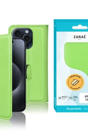 Soldes Etui Portefeuille Vert pour iPhone 15 Pro