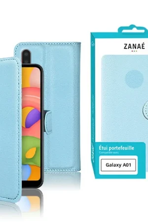 Prix Réduit Etui Portefeuille Zanae pour Galaxy A01 Bleu clair