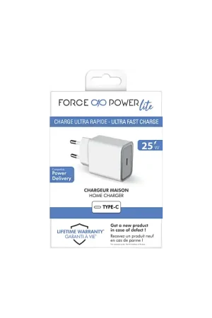 Achetez Aujourd’hui Chargeur maison USB C PD 25W Power Delivery Garanti à vie Blanc - 100% Plastique recyclé Force Power Lite