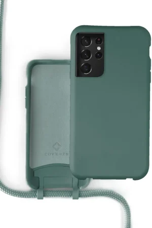 Pas Cher Coverzs Coque silicone avec cordon Samsung Galaxy S21 Ultra (vert foncé)