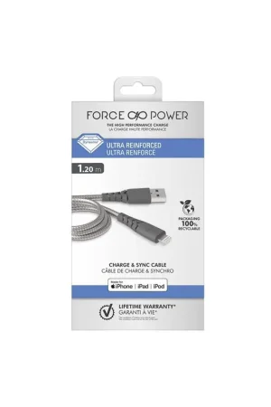 Câble renforcé USB A/Lightning 1,2 m Gris Force Power Jusqu’à Épuisement Des Stocks