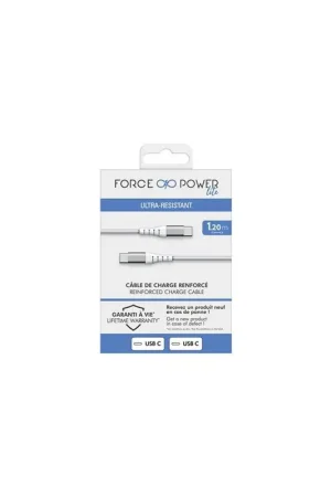 Certifié Câble Renforcé USB C/USB C 1,2m 3A Blanc - Garanti à vie Force Power Lite