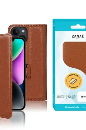 Produit De Marque Étui Portefeuille Zanae pour iPhone 14 Marron