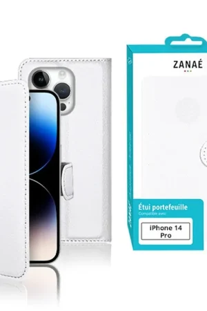 Acheter En Ligne Etui Portefeuille Zanae pour iPhone 14 Pro Blanc