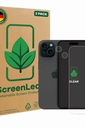 Achat Immédiat 2 Pièces ScreenLeaf Clear Protection d'écran durable pour Apple iPhone 15 (Avant+Caméra)