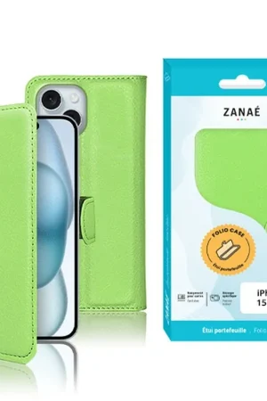 Prix Réduit Etui Portefeuille Zanae pour iPhone 15 Plus Vert