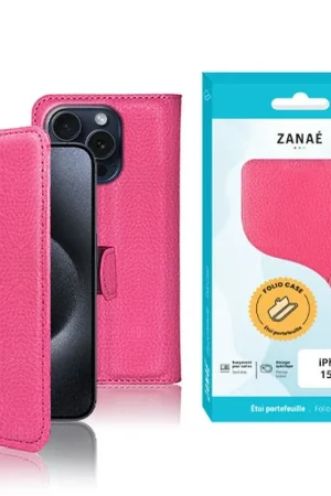 Remise Etui Portefeuille Zanae pour iPhone 15 Pro - Fushia