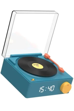ENCEINTE BLUETOOTH RETRO LOOK PLATINE VINYLE REVEIL SMART BLEU Commander Vite