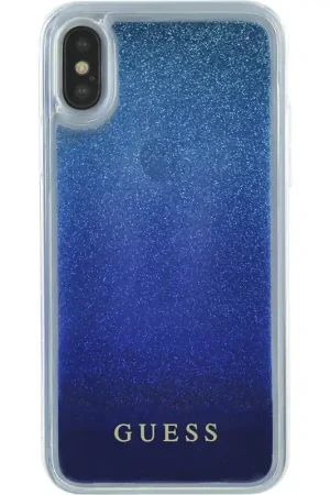Remise Coque Phone X rigide liquide bleue avec paillettes bleues Guess
