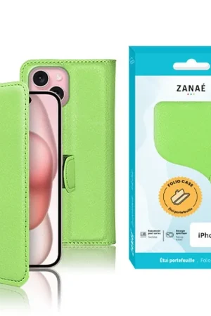 Réduction Etui Portefeuille Zanae Vert pour iPhone 15