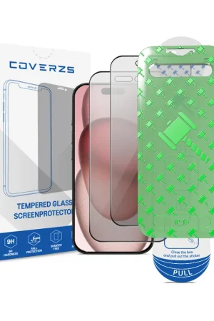 Authentique Coverzs iPhone 15 Tempered Glass Privacy protecteur d'écran avec cadre (2-Pack)